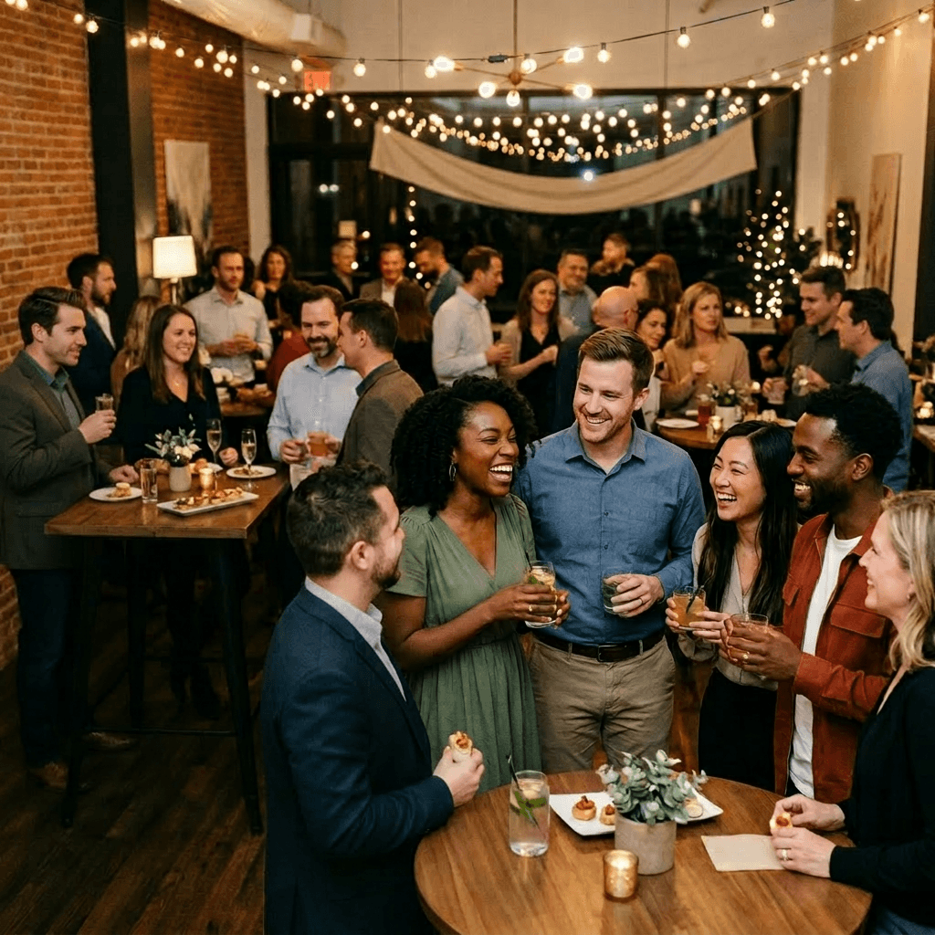 Group of Christian singles mingling and laughing at a Vancouver mixer event with string lights and drinks