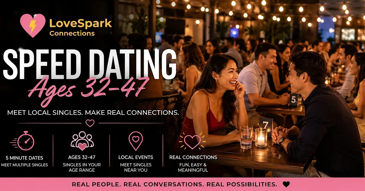 Speed dating Vancouver event for singles ages 32-47, couple talking at a candlelit table