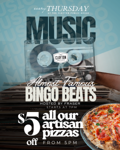 Music bingo Surrey poster for Almost Famous Bingo Beats with a cassette tape, vinyl records and pizza, every Thursday at 7pm