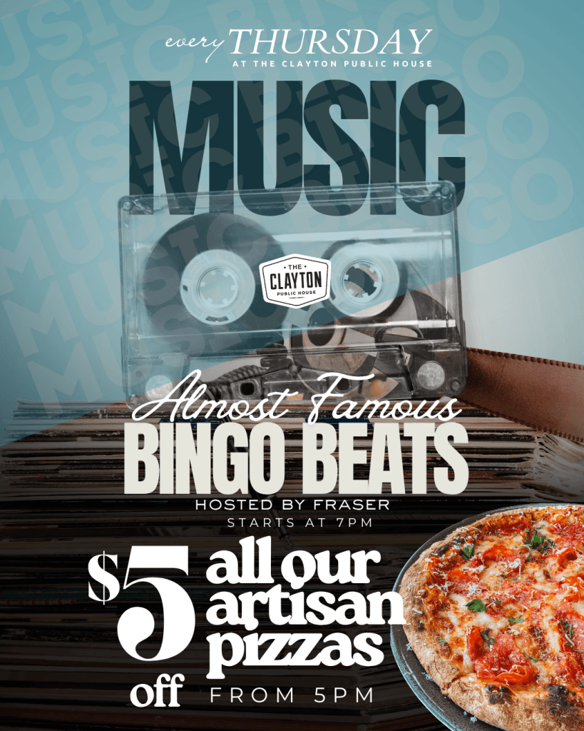 Music bingo Surrey poster for Almost Famous Bingo Beats with a cassette tape, vinyl records and pizza, every Thursday at 7pm