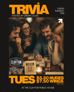Trivia night Surrey poster showing friends writing answers over beers at The Clayton Public House, every Tuesday at 7pm