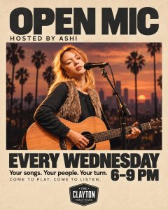 Open mic night Surrey poster showing a singer playing acoustic guitar at a microphone, every Wednesday from 6 to 9pm