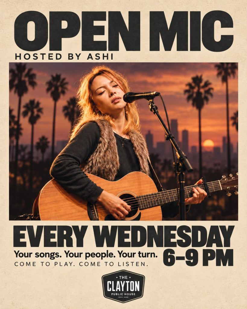 Open mic night Surrey poster showing a singer playing acoustic guitar at a microphone, every Wednesday from 6 to 9pm